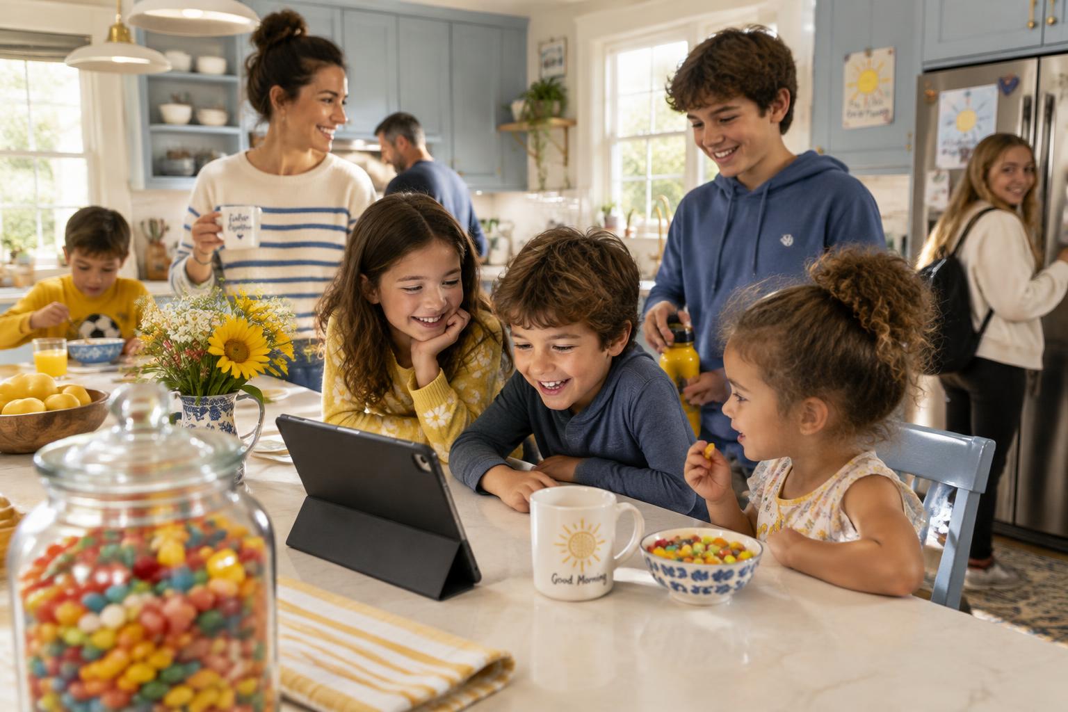 A big family gathered around the kitchen island checking the family assistant on a tablet